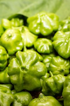 Close-up green chili peppers in portrait format