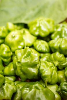 Close-up green chili peppers in portrait format