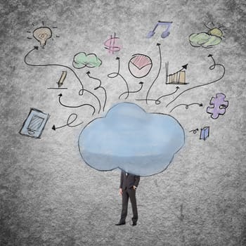 Young businessman with head behind the clouds.