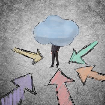 Young businessman with head behind the clouds.