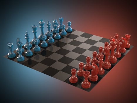 Chess board with pieces of colored glass. Clipping path included.