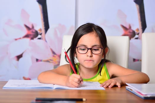 Little cute girl doing homework at home