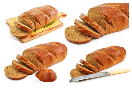 Set of whole wheat breads and tableware isolated on a white background