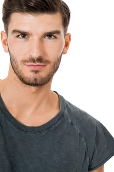 bearded young man with a beautiful smile with charismatic cotton T-shirt laughing isolated on white background