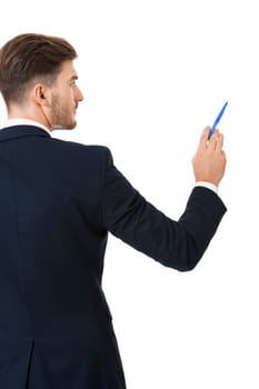 Stylish young businessman at a presentation a choice to make or something pointing with a pen in hand isolated on white background