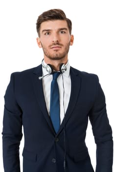 Young bearded man suit and headset with stereo headphones and microphone operator portrait isolated against white background