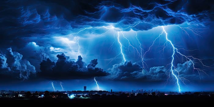 Bright lightning that lit up the dark night sky during an electrical storm. Thunderstorm concept by Generative AI.