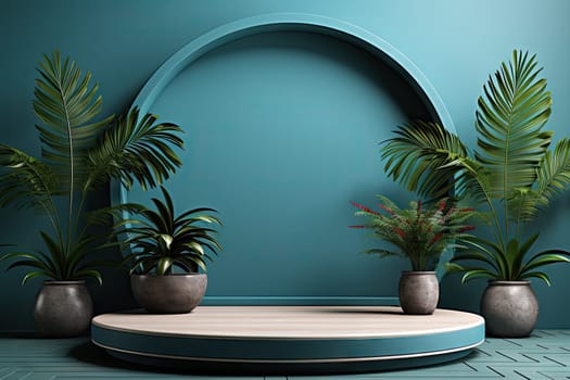 3D render of blue background with tropical leaves and podiums, 8k by Generative AI.