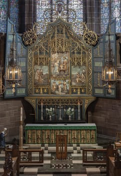 Liverpool, England - Oct 07, 2023 - Beautiful architecture design inside of Liverpool Cathedral. Perspective view of a magnificent inside the church, it's the world's largest Anglican cathedral church building, Selective focus.