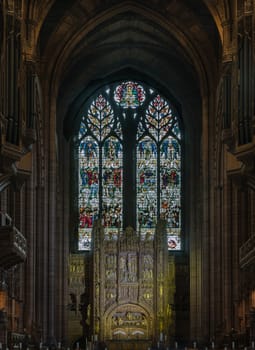 Liverpool, England - Oct 07, 2023 - Beautiful architecture design inside of Liverpool Cathedral. Perspective view of a magnificent inside the church, it's the world's largest Anglican cathedral church building, Selective focus.