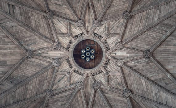 Liverpool, England - Oct 07, 2023 - Elaborate sculptures ceiling design of Liverpool Cathedral. View of a magnificent inside the church, it's the world's largest Anglican cathedral church building, Look up, Space for text, Selective focus.