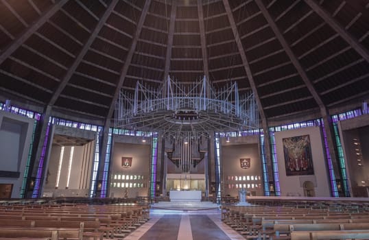 Liverpool, UK - Oct 08, 2023 - Architecture interior design of Liverpool metropolitan cathedral. Is the seat of the Archbishop of Liverpool, The roman catholic archdiocese, Christ the king, Space for text, Selective focus.