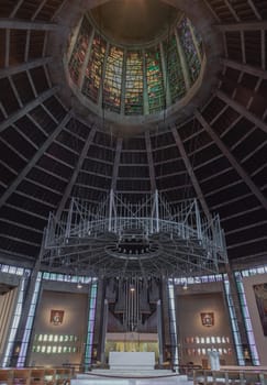 Liverpool, UK - Oct 08, 2023 - Architecture interior design of Liverpool metropolitan cathedral. Is the seat of the Archbishop of Liverpool, The roman catholic archdiocese, Christ the king, Space for text, Selective focus.