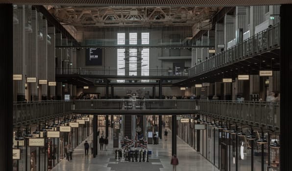 London, UK - Oct 13, 2023 - Interior of New Battersea Power Station: The art deco monolith set to be London's flashiest shopping mall. The iconic London landmark building, Leisure destination, Space for text, Selective focus.