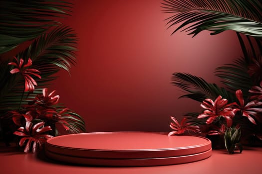 3D render of red background with tropical leaves and podiums, 8k by Generative AI.