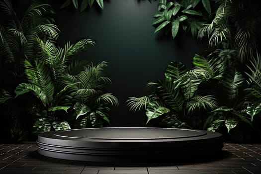 3D render of black background with tropical leaves and podiums, 8k by Generative AI.