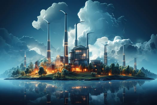 Power plants with turbines and generators work tirelessly to produce the city's electricity needs. industrial electric energy storage by Generative AI.