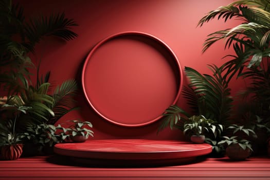 3D render of red background with tropical leaves and podiums, 8k by Generative AI.