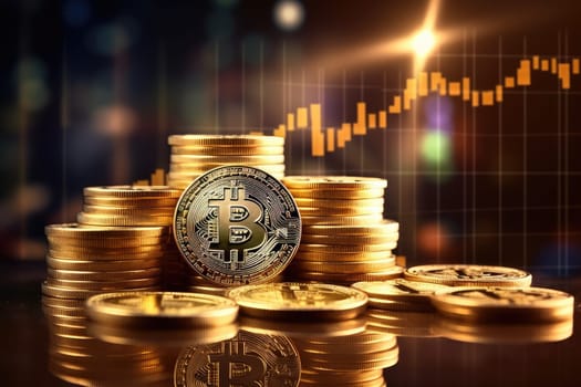bitcoin investment and blue graph graph and number fluctuation graph background Good financial ideas for success or challenge by Generative AI.