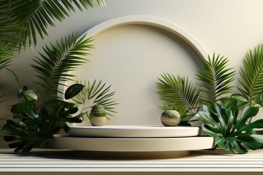 3D render of white background with tropical leaves and podiums, 8k by Generative AI.