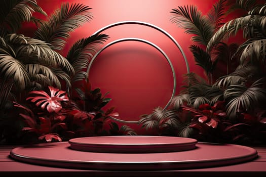 3D render of red background with tropical leaves and podiums, 8k by Generative AI.