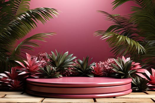 3D render of pink background with tropical leaves and podiums, 8k by Generative AI.