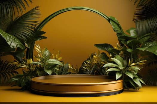 3D render of yellow background with tropical leaves and podiums, 8k by Generative AI.