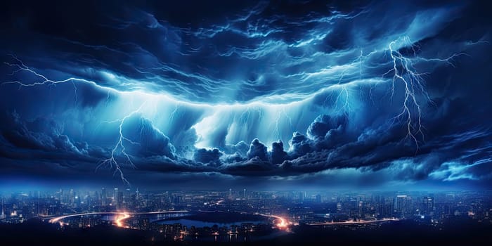 Bright lightning that lit up the dark night sky during an electrical storm. Thunderstorm concept by Generative AI.