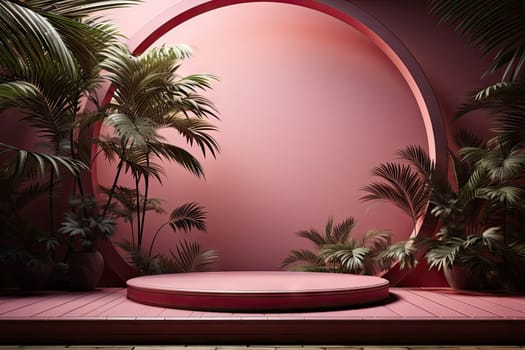 3D render of pink background with tropical leaves and podiums, 8k by Generative AI.