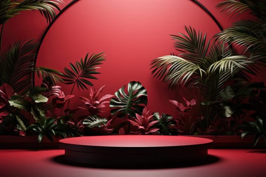 3D render of red background with tropical leaves and podiums, 8k by Generative AI.