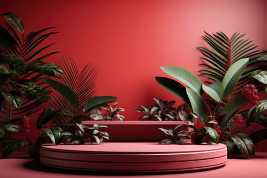 3D render of red background with tropical leaves and podiums, 8k by Generative AI.