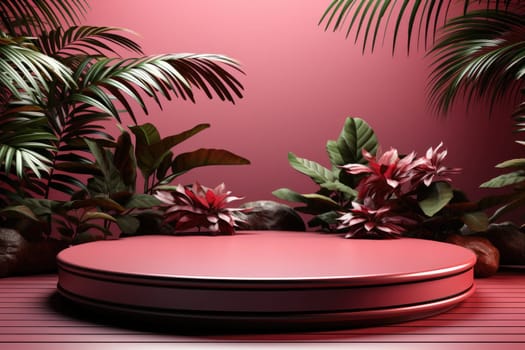 3D render of pink background with tropical leaves and podiums, 8k by Generative AI.