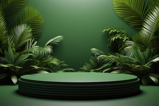 3D render of green background with tropical leaves and podiums, 8k by Generative AI.