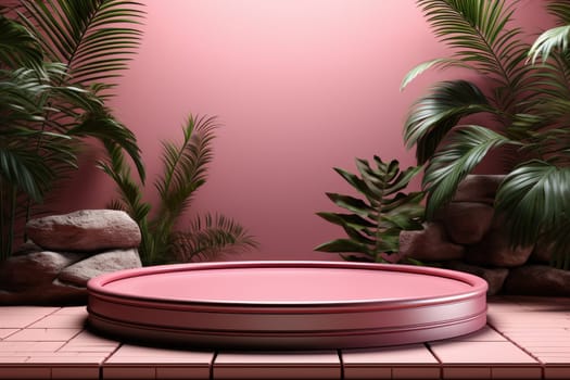 3D render of pink background with tropical leaves and podiums, 8k by Generative AI.