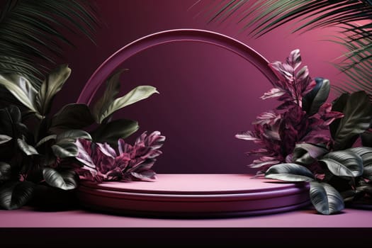 3D render of purple background with tropical leaves and podiums, 8k by Generative AI.