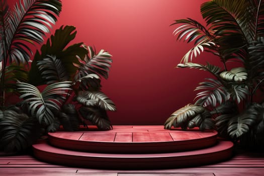 3D render of red background with tropical leaves and podiums, 8k by Generative AI.