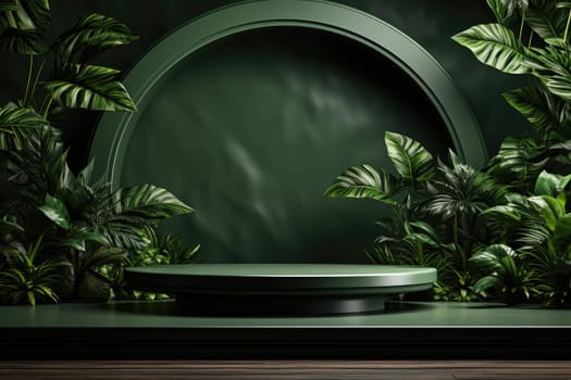 3D render of green background with tropical leaves and podiums, 8k by Generative AI.