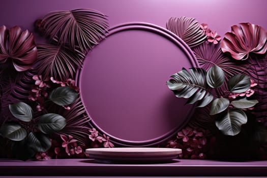 3D render of purple background with tropical leaves and podiums, 8k by Generative AI.