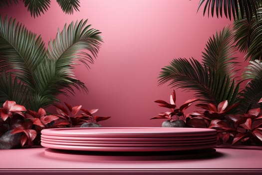 3D render of pink background with tropical leaves and podiums, 8k by Generative AI.