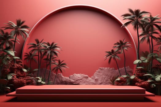 3D render of red background with tropical leaves and podiums, 8k by Generative AI.