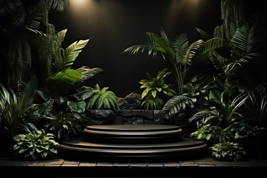 3D render of black background with tropical leaves and podiums, 8k by Generative AI.
