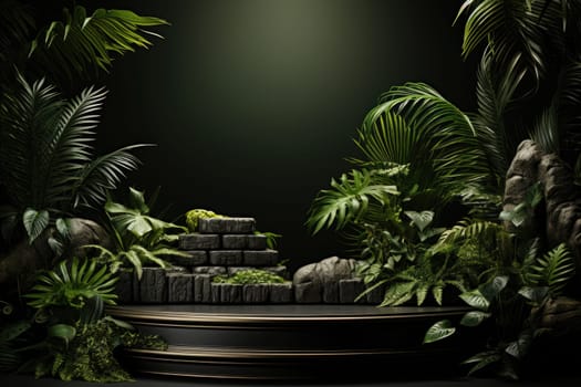 3D render of black background with tropical leaves and podiums, 8k by Generative AI.