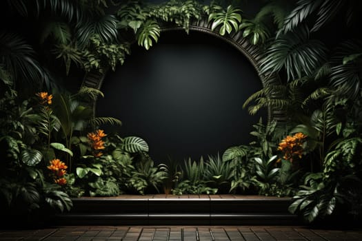 3D render of black background with tropical leaves and podiums, 8k by Generative AI.