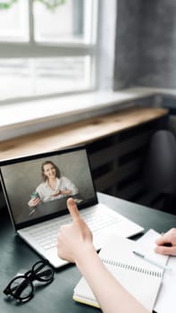 Virtual Connections. Woman Engages in Online Discussion, Work from Home, Freelance, Video Conferencing, Distance Education, and Online Dating Concept.