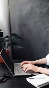 Productive Woman. Typing on Keyboard for Online Learning, Internet Marketing, Freelance, and Home Office. Close-Up of Woman's Hands Typing on Computer Keyboard, Work from Home, Office Workspace