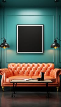 Sitting area Modern living room Mockup poster frame on the wall, a stylish sofa in Scandinavian Livingroom, 3d rendering, 3d illustration copy space. Stylish interior design Space for text