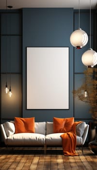 Sitting area Modern living room Mockup poster frame on the wall, a stylish sofa in Scandinavian Livingroom, 3d rendering, 3d illustration copy space. Stylish interior design Space for text