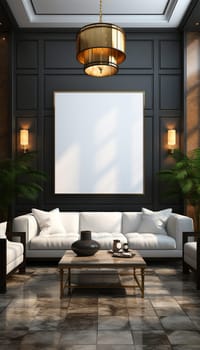 Sitting area Modern living room Mockup poster frame on the wall, a stylish sofa in Scandinavian Livingroom, 3d rendering, 3d illustration copy space. Stylish interior design Space for text