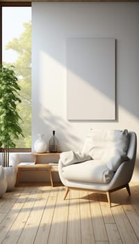 Sitting area Modern living room Mockup poster frame on the wall, a stylish sofa in Scandinavian Livingroom, 3d rendering, 3d illustration copy space. Stylish interior design Space for text