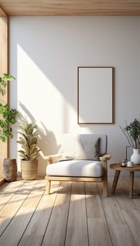 Sitting area Modern living room Mockup poster frame on the wall, a stylish sofa in Scandinavian Livingroom, 3d rendering, 3d illustration copy space. Stylish interior design Space for text